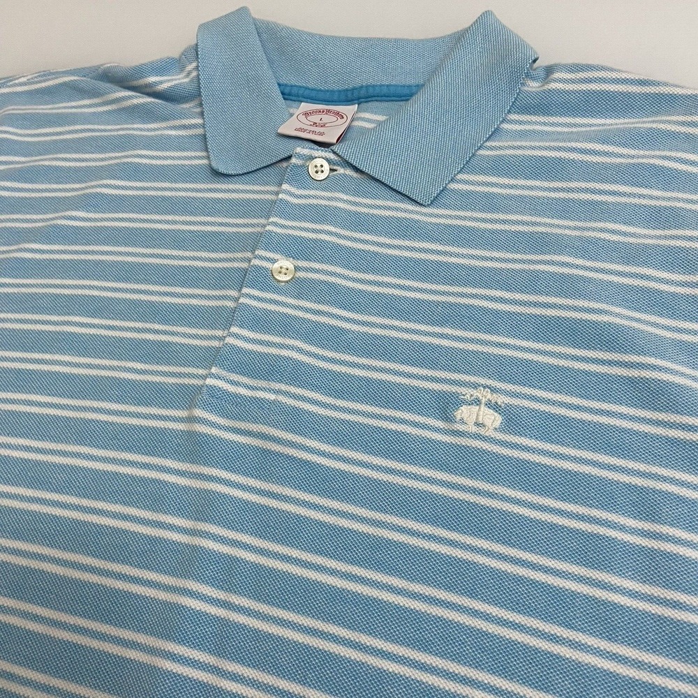 Brooks Brothers‎ Polo Shirt Men's Large Blue Striped Casual Short Sleeve Logo